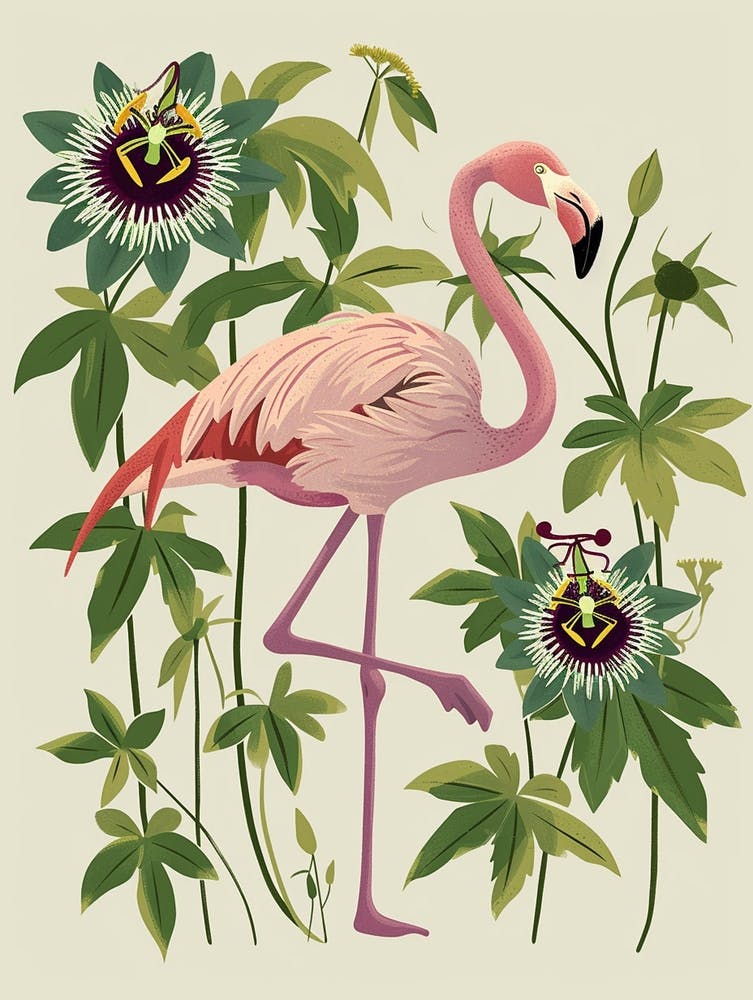 American Flamingo And Passionflowers Minimalist Illustration 3