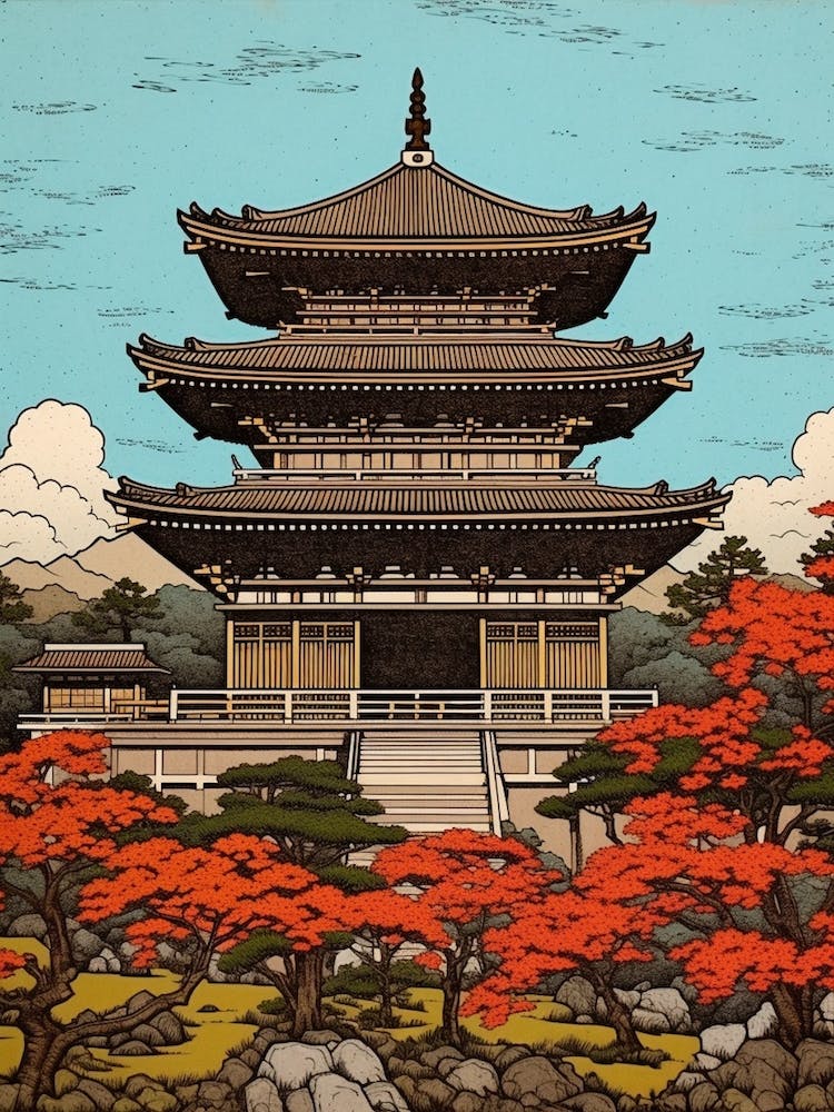 Ryoan Ji Temple, Japan Vintage Travel Art 1