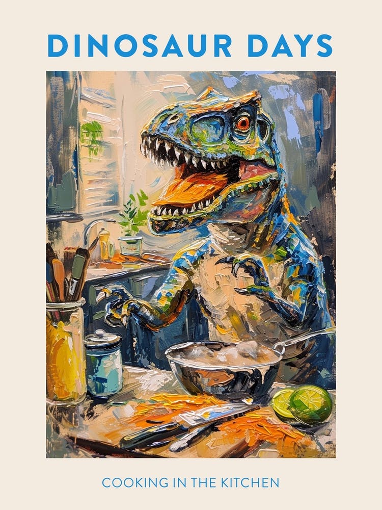 Dinosaur Cooking In The Kitchen Blue Orange Poster 1