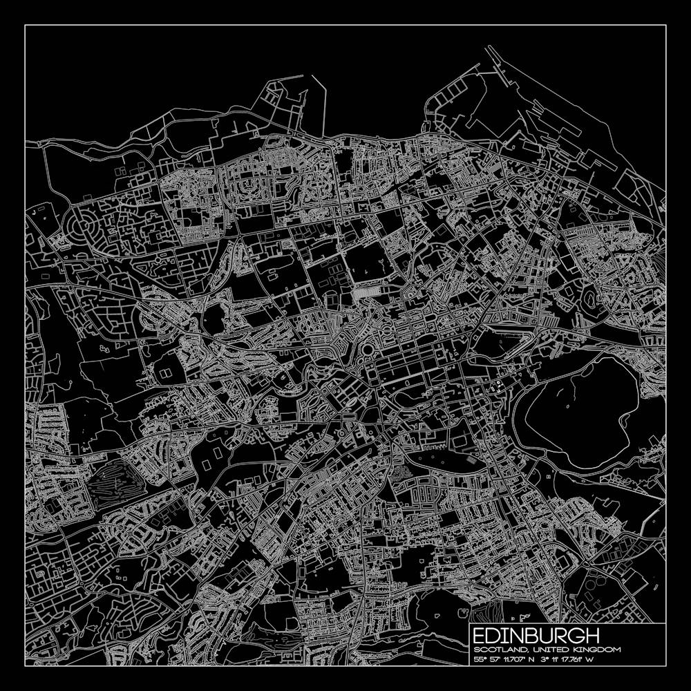 Edinburgh Scotland city map white on black blueprint design