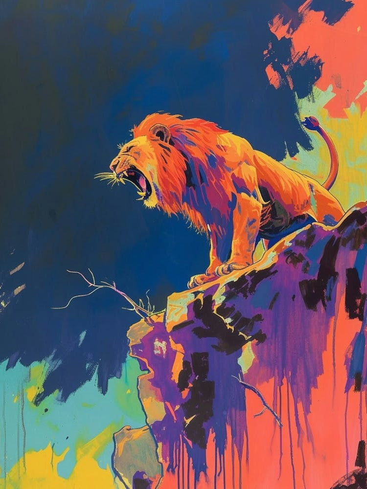 Asiatic Lion Roaring On A Cliff Fauvist Painting 3