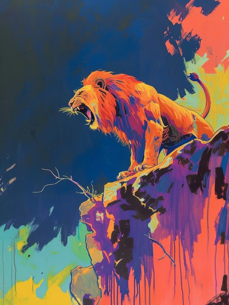 Asiatic Lion Roaring On A Cliff Fauvist Painting 3