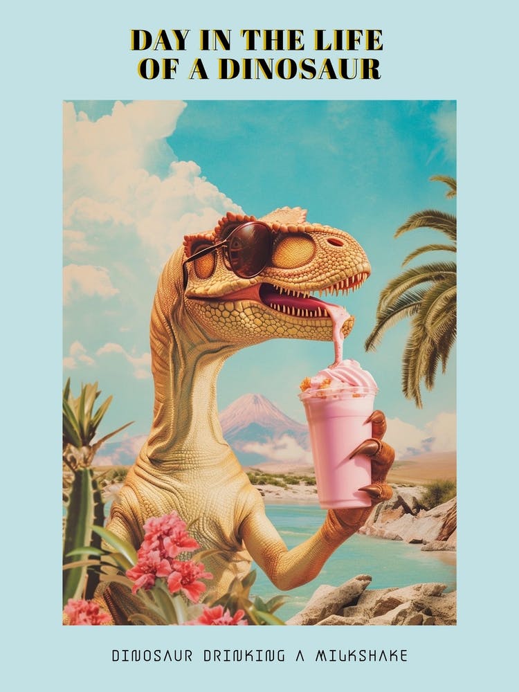 Dinosaur Drinking A Milkshake Retro Collage 3 Poster