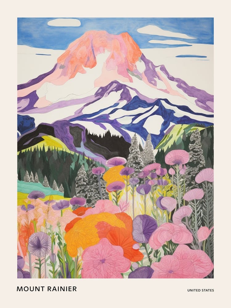 Mount Rainier United States 3 Colourful Mountain Illustration Poster