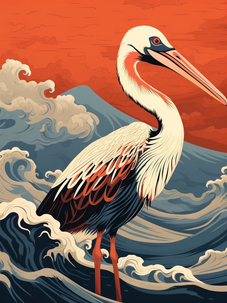Pelican Animal Drawing In The Style Of Ukiyo E 4