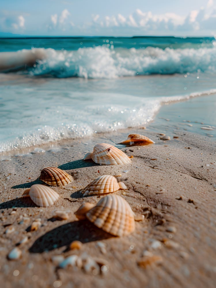 Seashells on Sandy Shore - Serene Beach Wave Scene