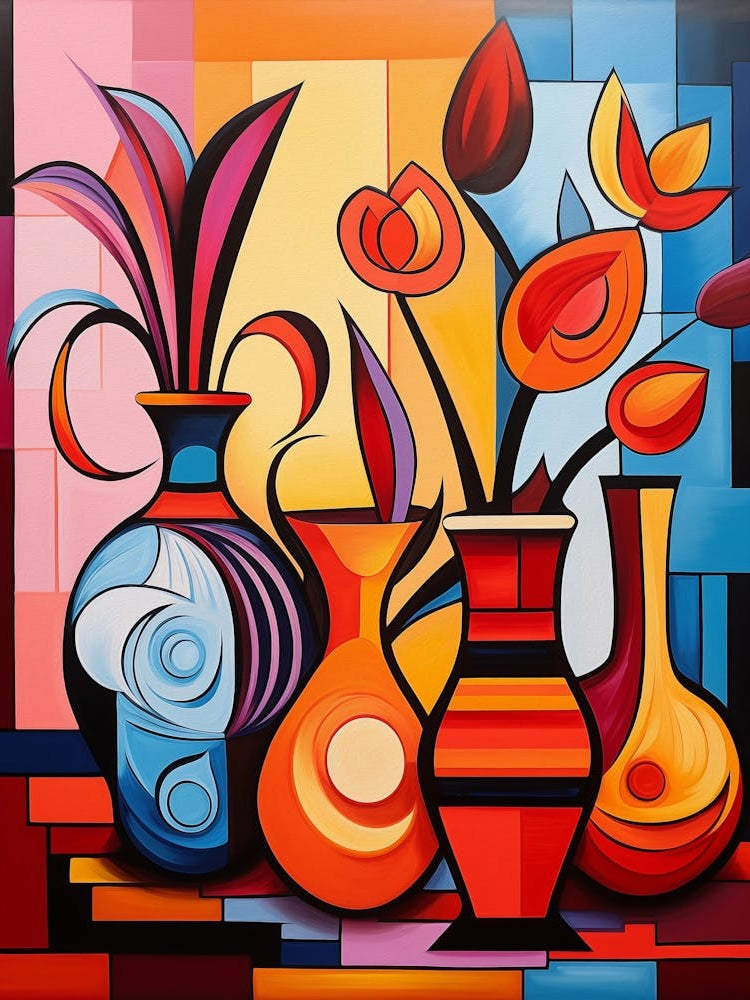 Still Life VII, Avant Garde Abstract Vibrant Painting in Cubism Picasso Style