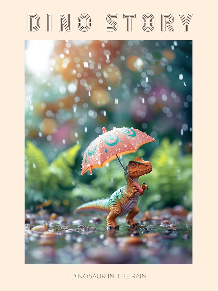 Toy Dinosaur Walking Through The Rain With An Umbrella 2 Poster