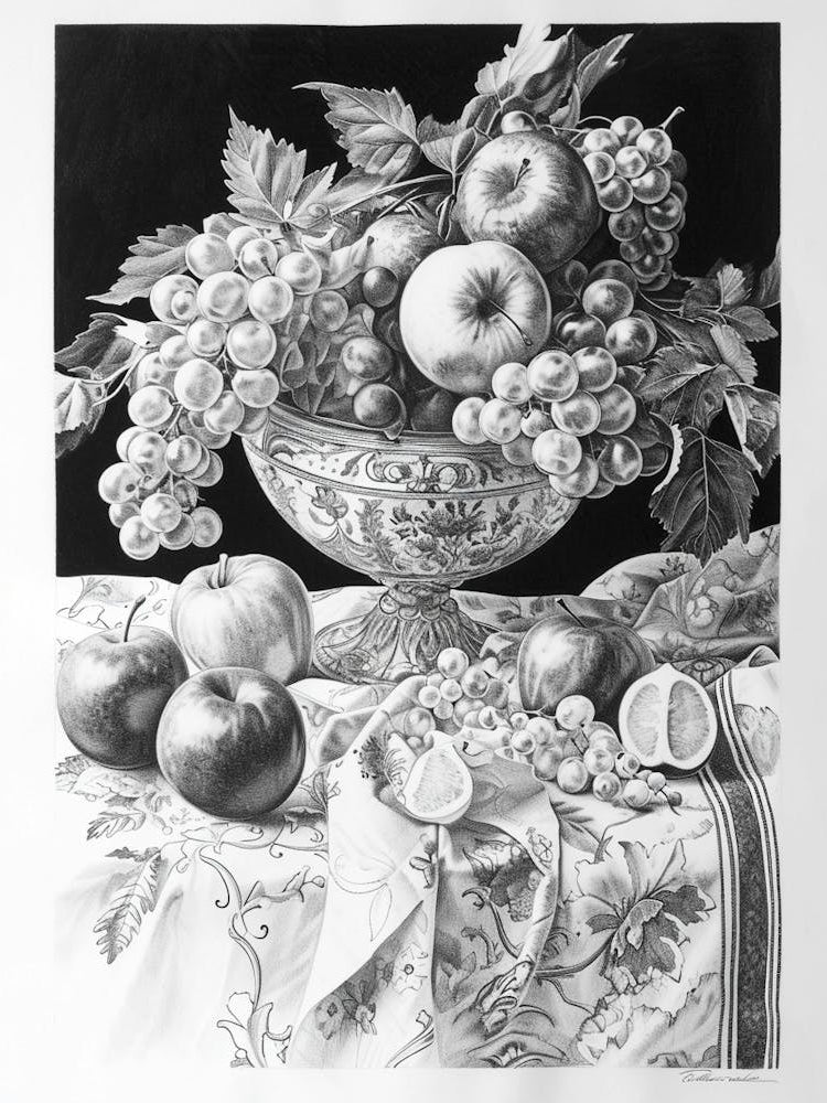 Black & White Illustration Of A Decadent Fruit Bowl