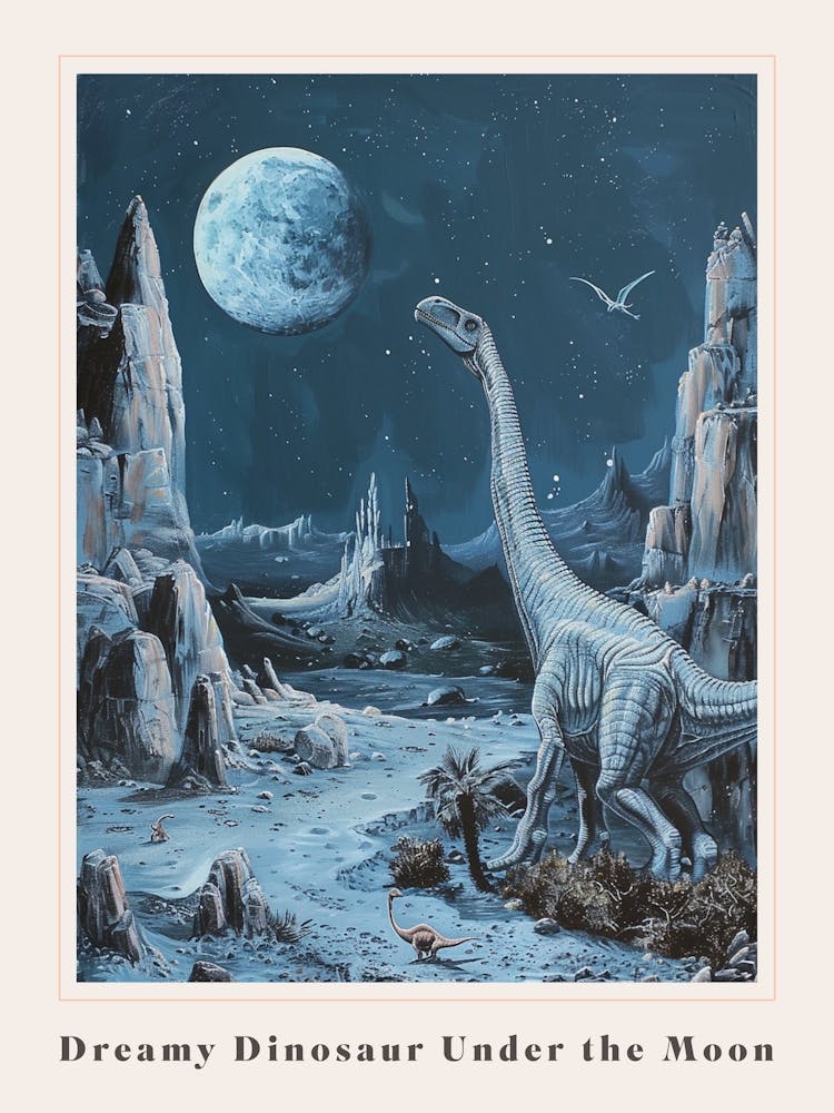 Dinosaur Under The Moon Painting 1 Poster