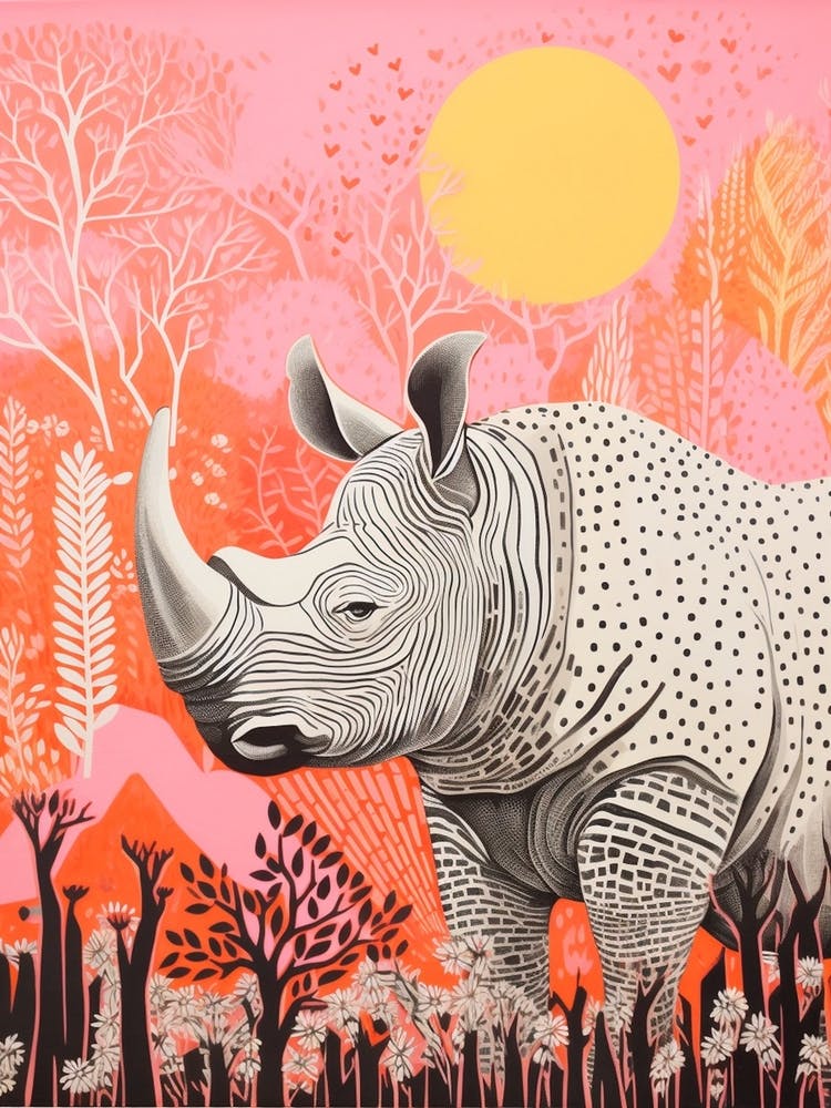 Rhino With Tree Patterns Pink