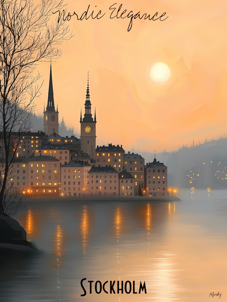 World'S Elegance Stockholm, minimalist soft tones palette, watercolor poster