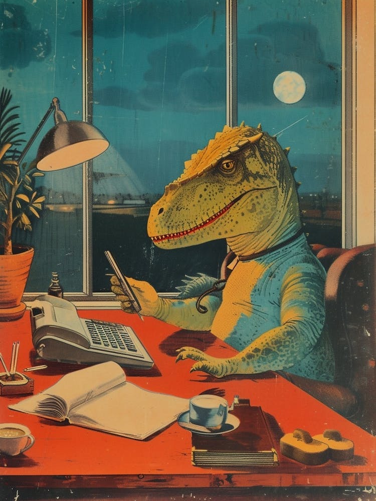 Dinosaur At A Desk Retro Collage