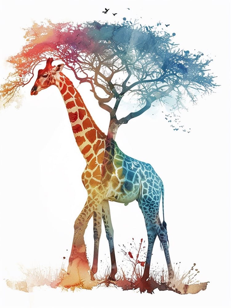 Giraffe Under The Acacia Tree Watercolour 4