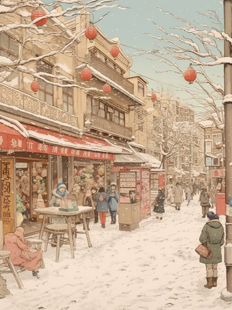 Vintage Winter Illustration Tokyo Japan 1