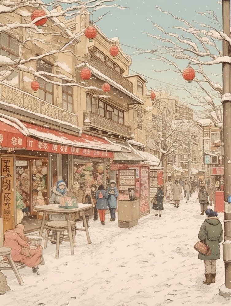 Vintage Winter Illustration Tokyo Japan 1
