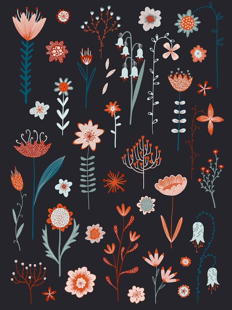Scandinavian Flowers On A Black Background