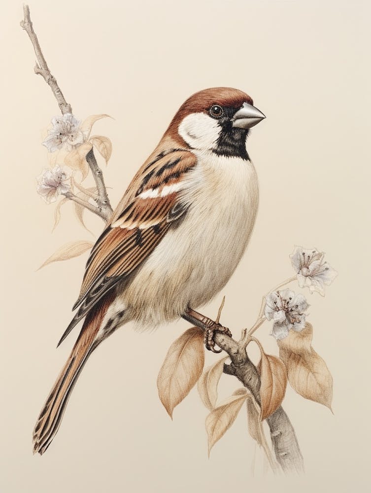 Vintage Bird Drawing House Sparrow 1