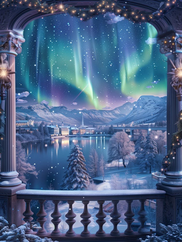 Central View Of Beautiful Ancient Luxury Mansion Balcony Overlooking Aurora Borealis And Snowy Mountains And River City At Night