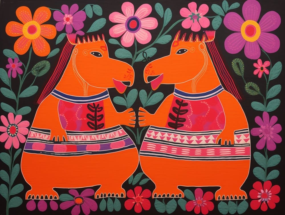 Hippopotamus Folk Style Animal Illustration
