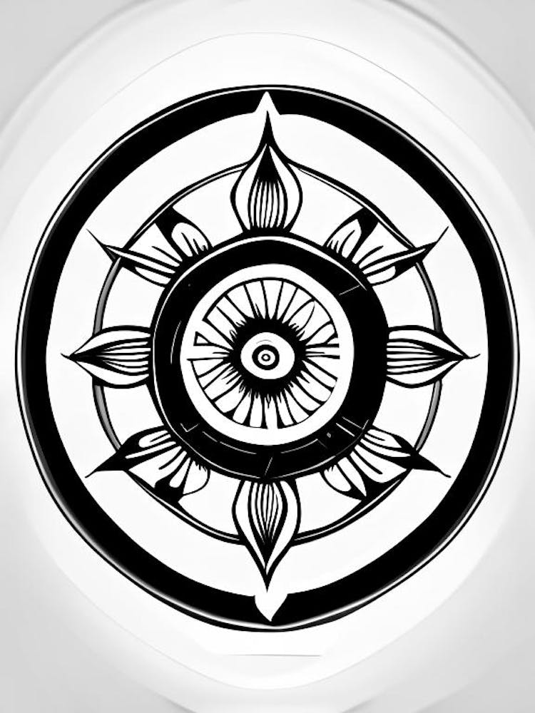 Dharma Wheel, Symbol, Third Eye Simple Black & White Illustration 1