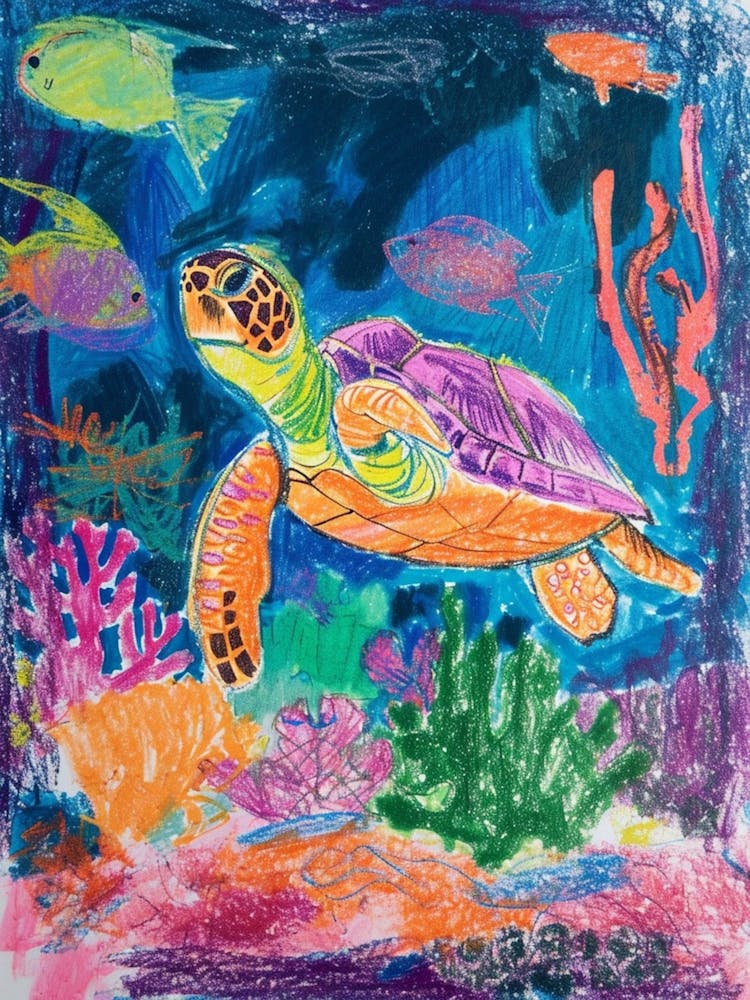 Abstract Rainbow Sea Turtle Underwater Crayon Drawing 2