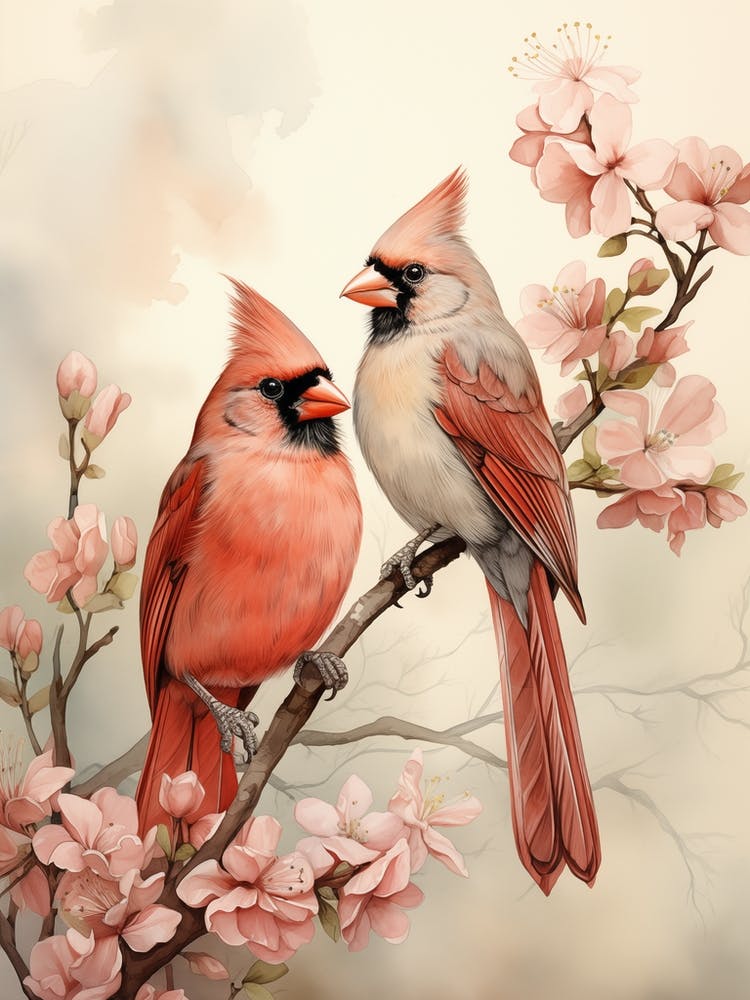 Two Cardinals In Cherry Blossoms