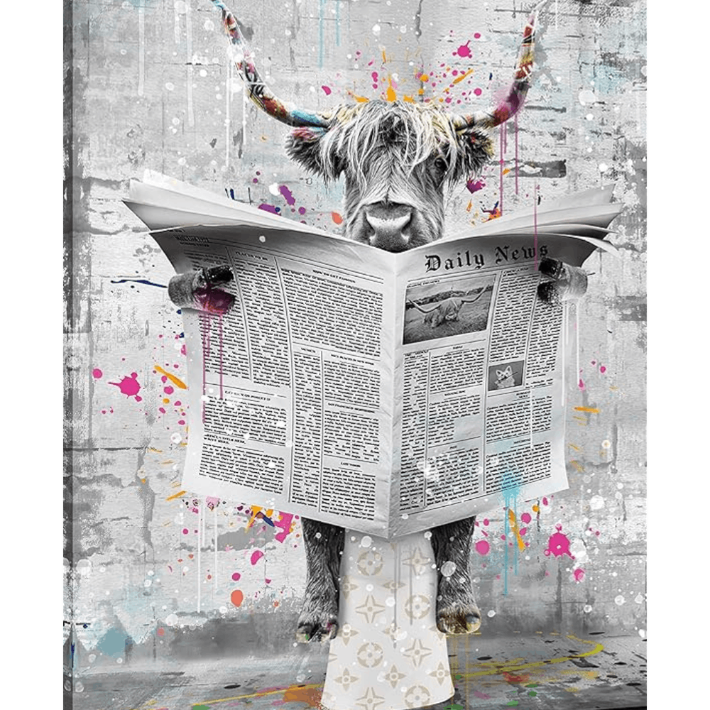 Vache des Highlands Lisant un Journal GUGIKA: Peinture Noire et Blanche pour Salon, Décoration Murale de Chambre Graffitis Amusants, Art Mural sur Toile Vache des Highlands pour Salle de Bain, et Tableau de Salle de Bain