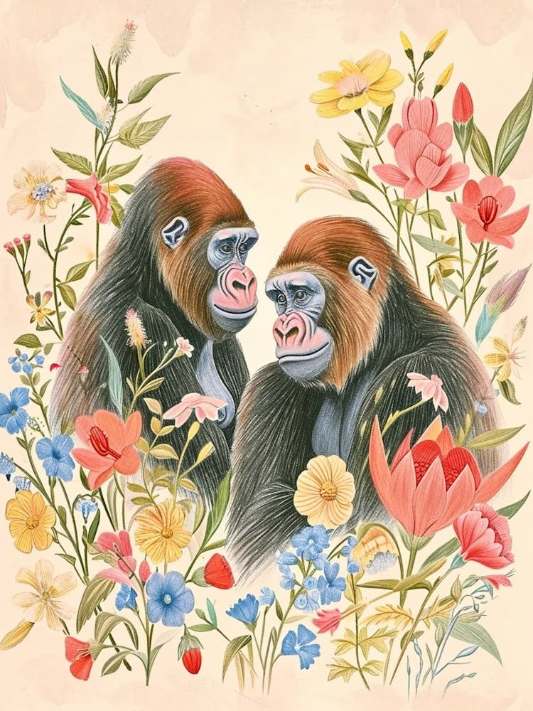 Folksy Floral Animal Drawing Gorilla 3