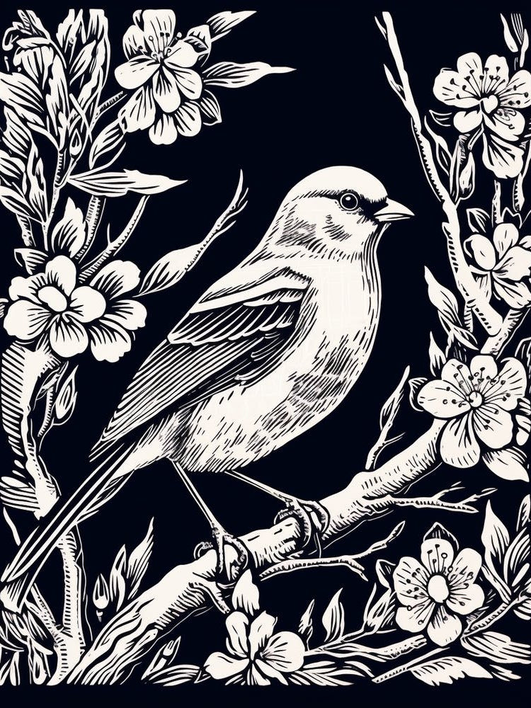 B&W Bird Linocut American Goldfinch 1