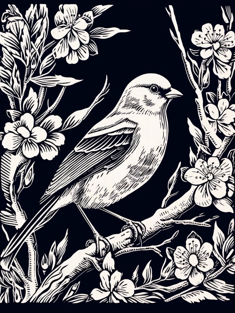 B&W Bird Linocut American Goldfinch 1