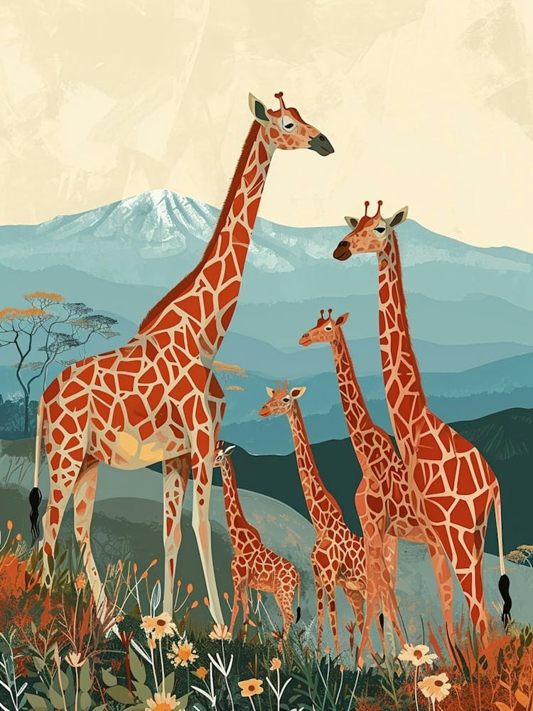 Herd Of Giraffes In The Wild Modern Illustration 1