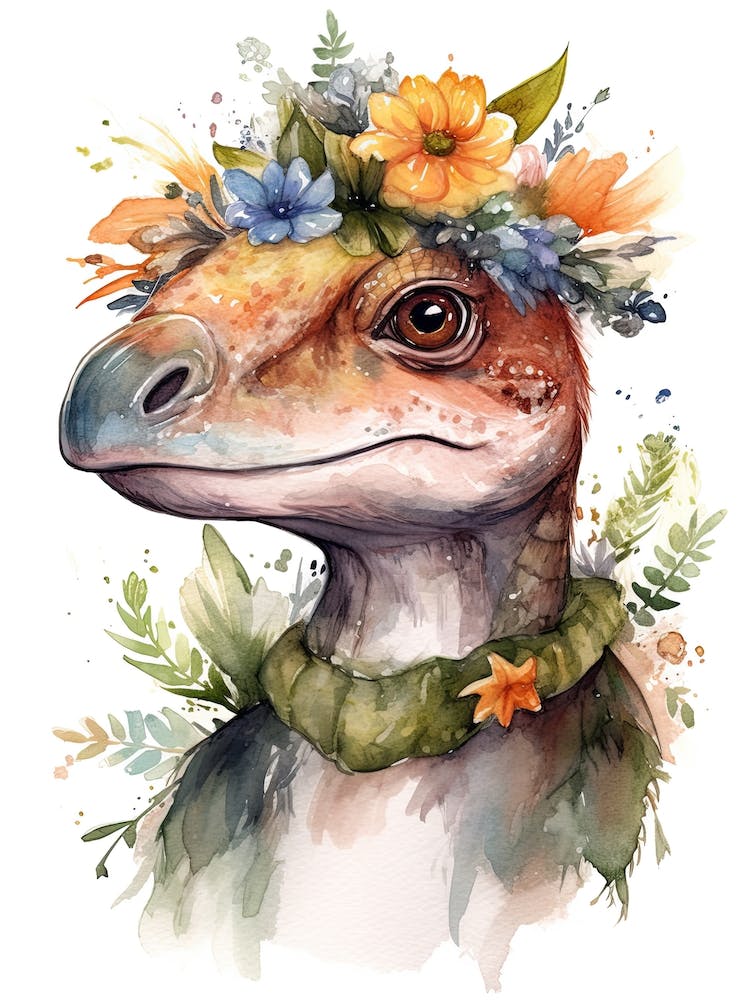 Velociraptor With A Crown Of Flowers Cute Dinosaur Watercolour 3
