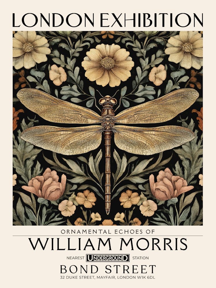 William Morris Dragonfly and floral artwork in Warm earth tones, insect and flower pattern dark academia library Botanical vintage print, living room vintage decor Floral tapestry Victorian nature art 15
