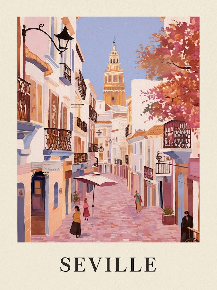 Seville Spain 1 Vintage Pink Travel Illustration Poster