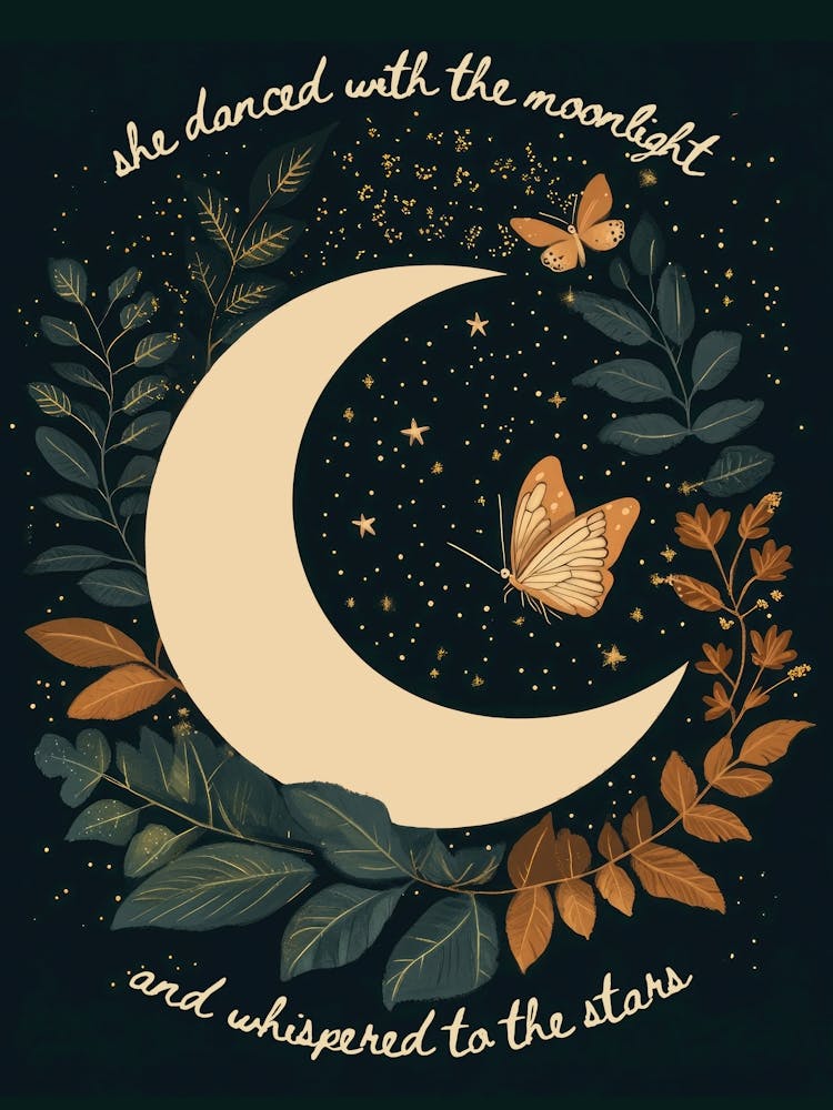 She danced with the moonlight and whispered to the stars - soft ochres, midnight blues, and golden glow – whimsical feminine aesthetic folk-illustration with hand-lettered quote inspired by poetic mysticism – celestial whimsy art perfect for nurseries, be