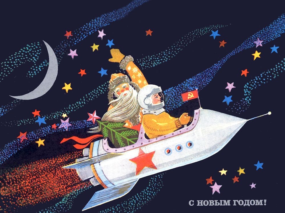Santa Claus In Space Rocket With Astronaut, Soviet Holiday Poster, Space Race Era
