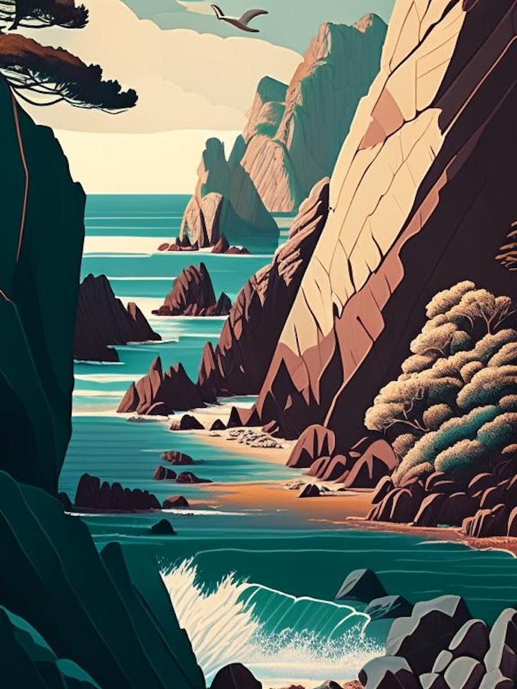 Coastal Cliffs And Rocky Shores Waterscape Retro Illustration 2