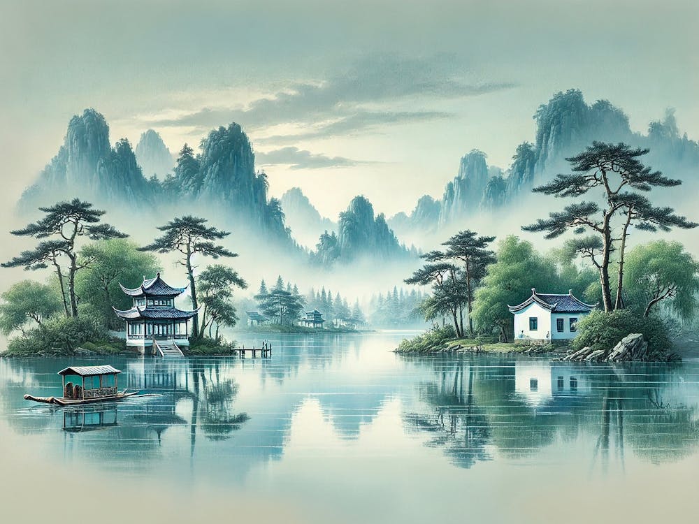 A Serene Traditional Chinese Landscape Painting With Misty Mountains In The Background 1