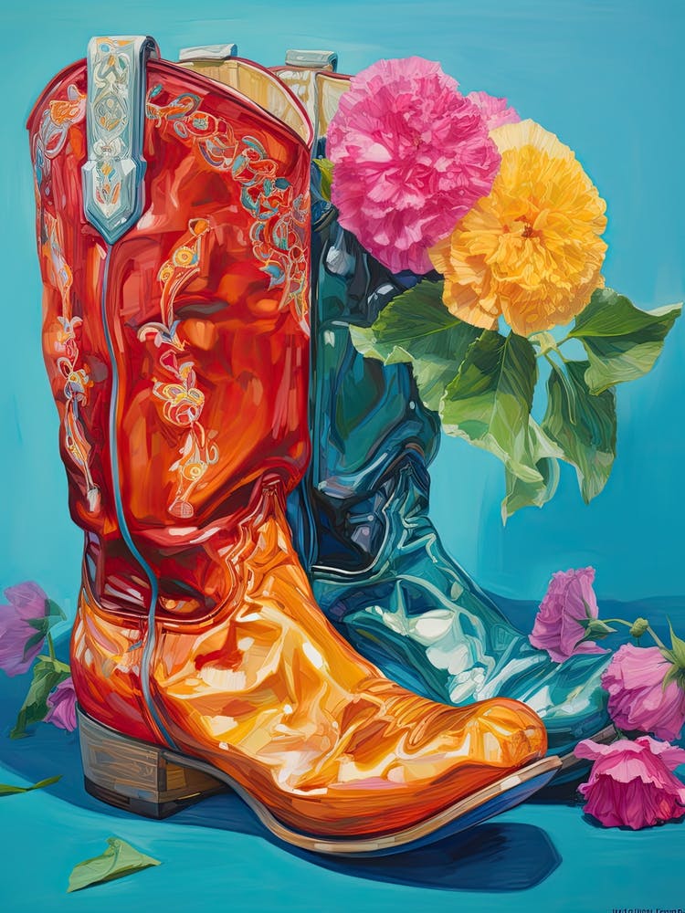 Oil Painting Of Colourful Flowers And Cowboy Boots, Oil Style 2
