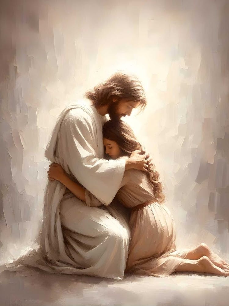He Loves You, Christian Art, Jesus Hugging Woman, Jesus And Girl Art, Jesus Painting, Digital Lds Art, Bible Wall Art, Jesus Heals Woman Art