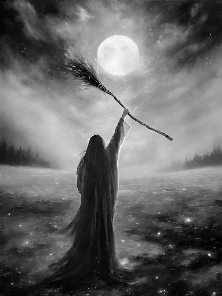Hail the Lunar Goddess! Monochrome Black and White Dark Aesthetic - Witchy Art Work by John Arwen Full Moon Pagan Witch Broomstick Summer Fields Stormy Moody Women Powerment Spellcasting Wicca Wheel of the Year Witches Feature Wall HD