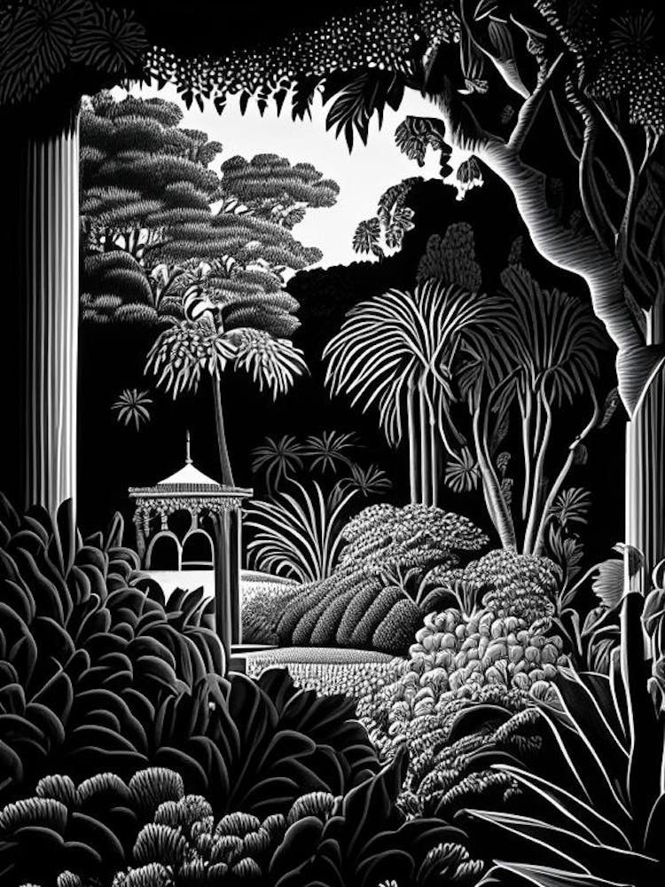 Huntington Library, 1, Art Collections, And Botanical Gardens, Usa Linocut Black And White Vintage