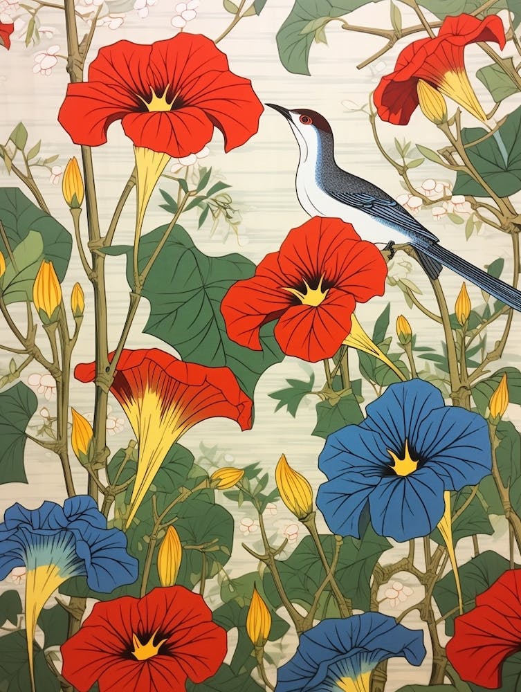 Morning Glory And Bird 1 Vintage Japanese Botanical