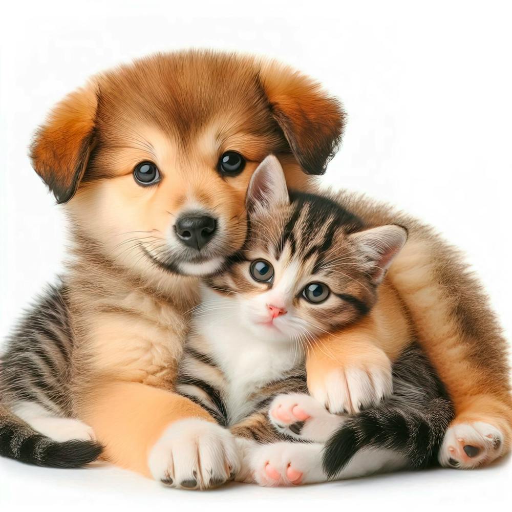 Cute Kitty And Puppy Cuddling Together Isolated On White Background 2