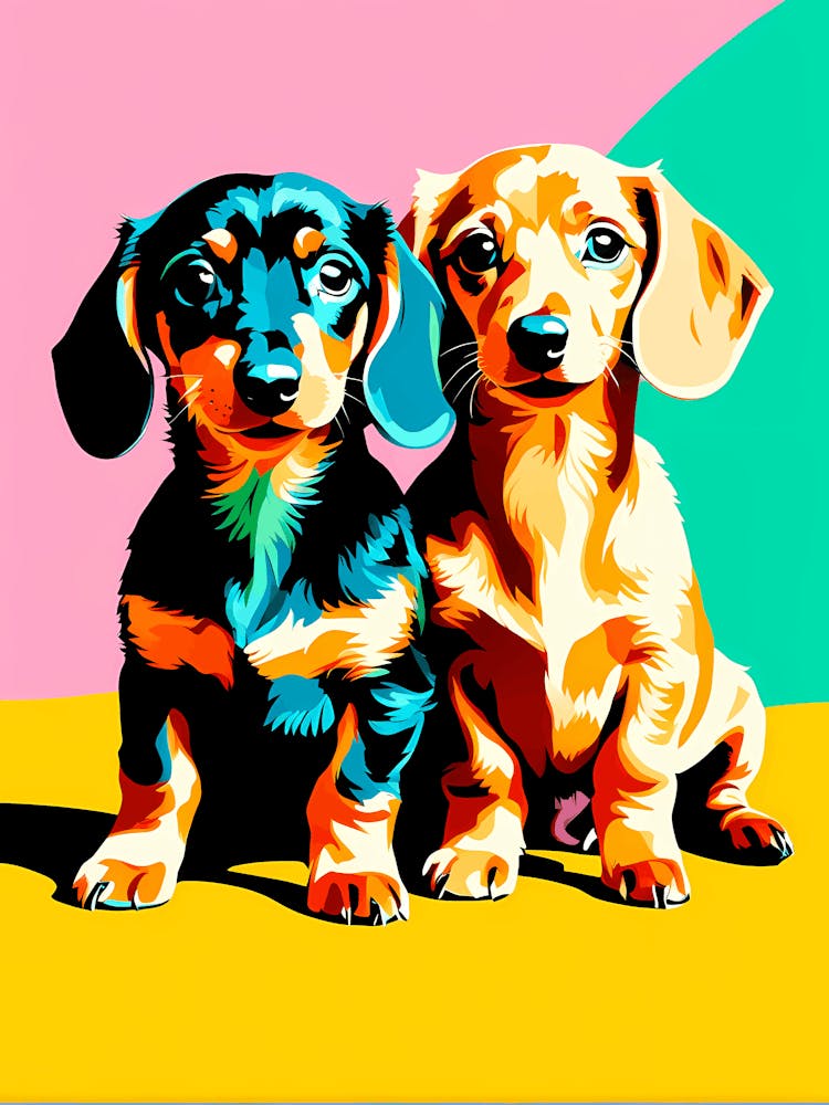 'Dachshund Pups', This Contemporary art brings POP Art and Flat Vector Art Together, Colorful Art, Animal Art, Home Decor, Kids Room Decor, Puppy Bank - 43rd