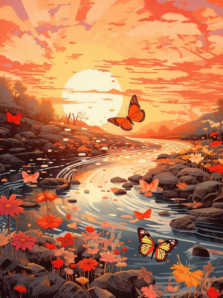 Butterfly At Sunset By The River Japanese Style Painting