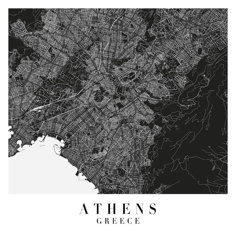 Athens Greece Minimal Black Mono Street Map  Square