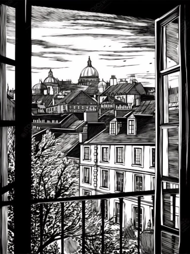 Window View Of Edinburgh Scotland   Black And White Colouring Pages Line Art 2