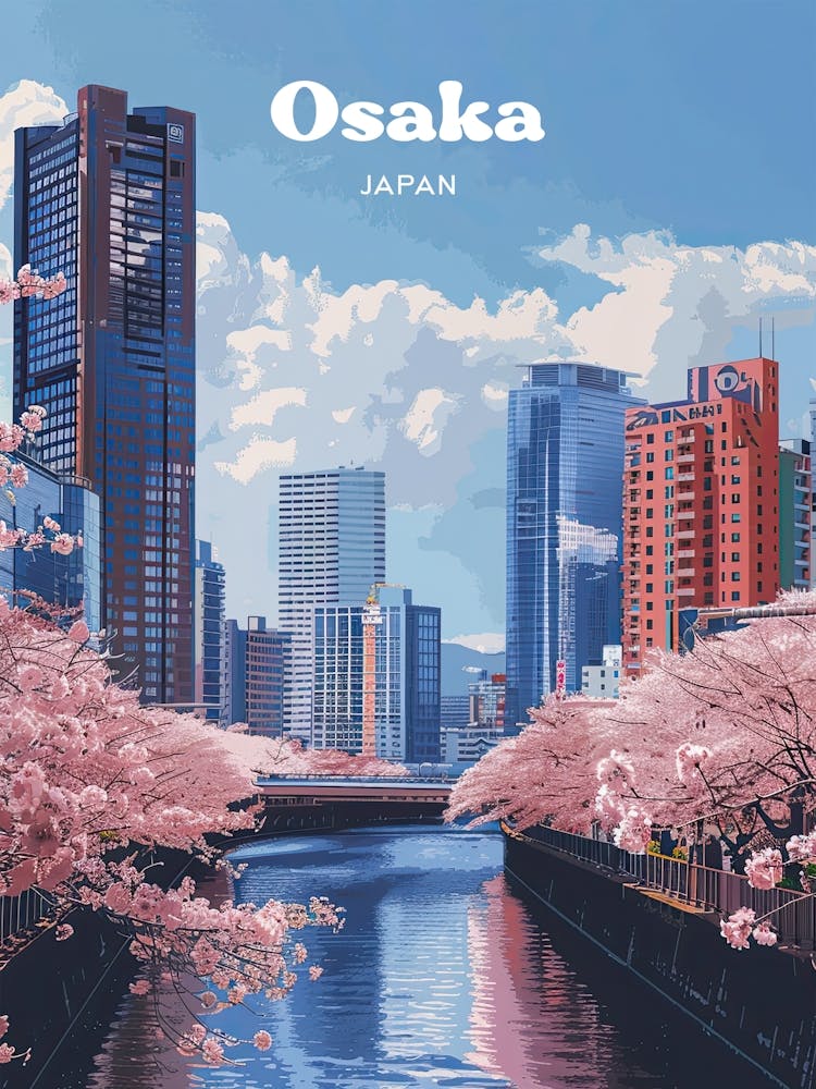 Osaka Japan Sakura Digital Travel Illustration